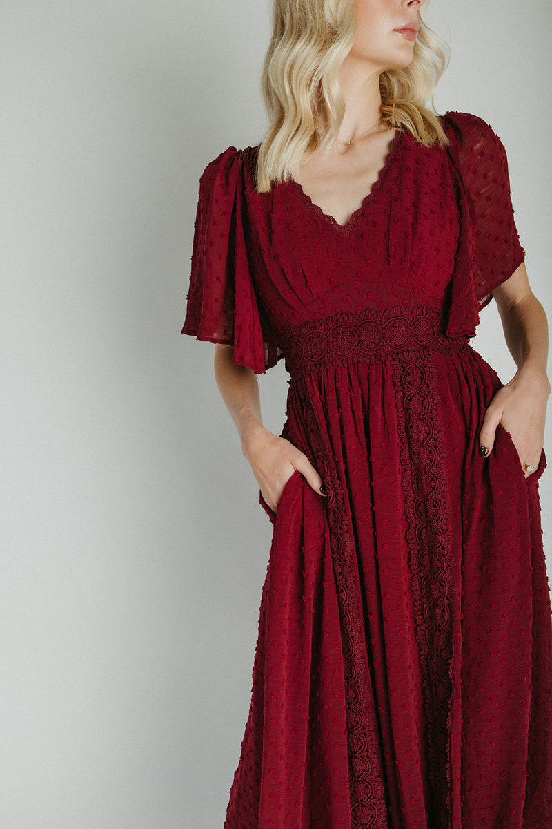 The Megan Swiss Dot Maxi Dress in Burgundy