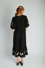 The Kiana Flower Embroidered Midi Dress in Black