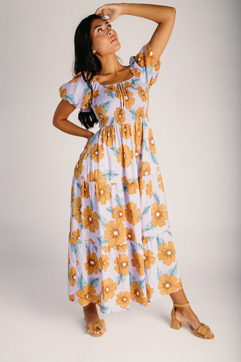 The Bonham Puff Sleeve Midi Dress in Orange + Lilac Piper & Scoot The Bonham Puff Sleeve Midi Dress in Orange + Lilac Piper & Scoot
