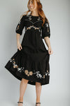 The Kiana Flower Embroidered Midi Dress in Black
