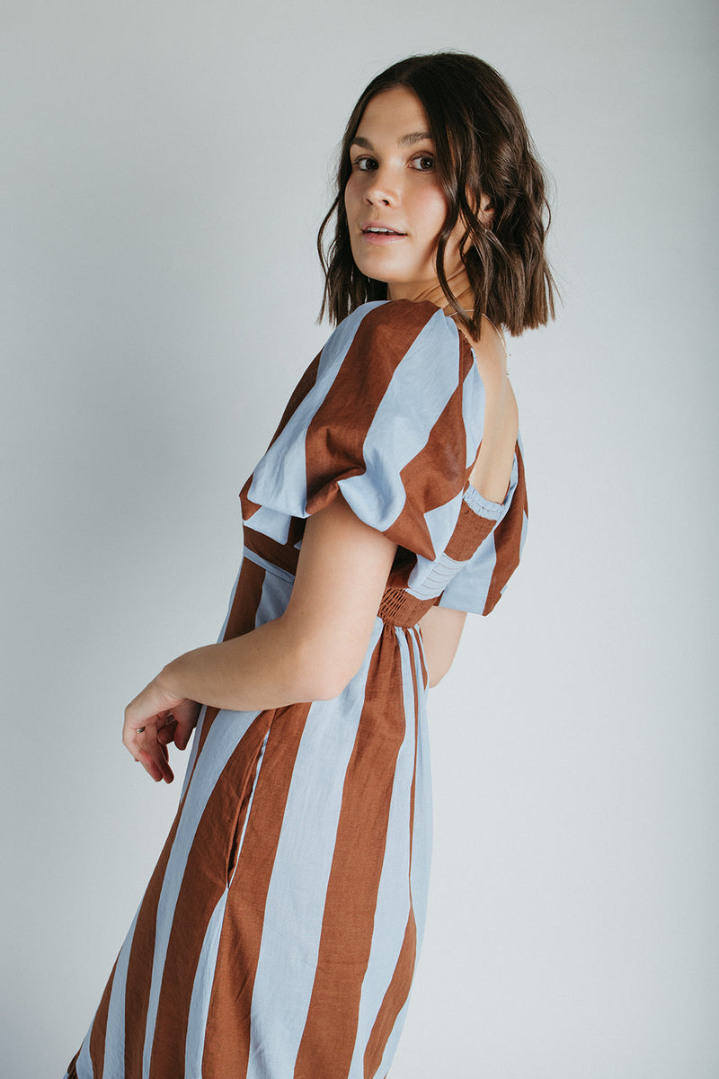 brown and white striped dress The David Square Neck Striped Dress in Brown + Blue – Piper & Scoot
