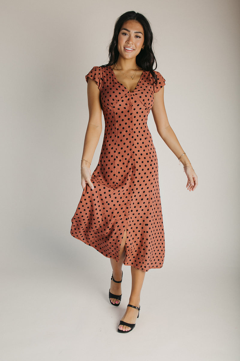 The Dennis Dotted Button-Up Midi Dress in Rust