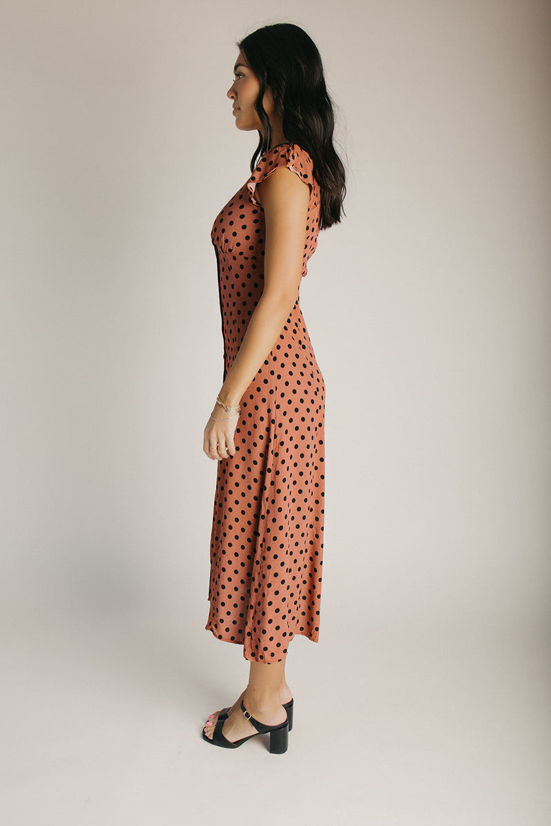 The Dennis Dotted Button-Up Midi Dress in Rust