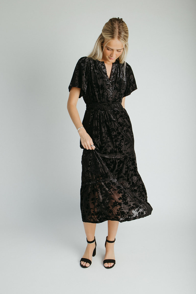 The Raven Velvet Textured Midi Dress in Black