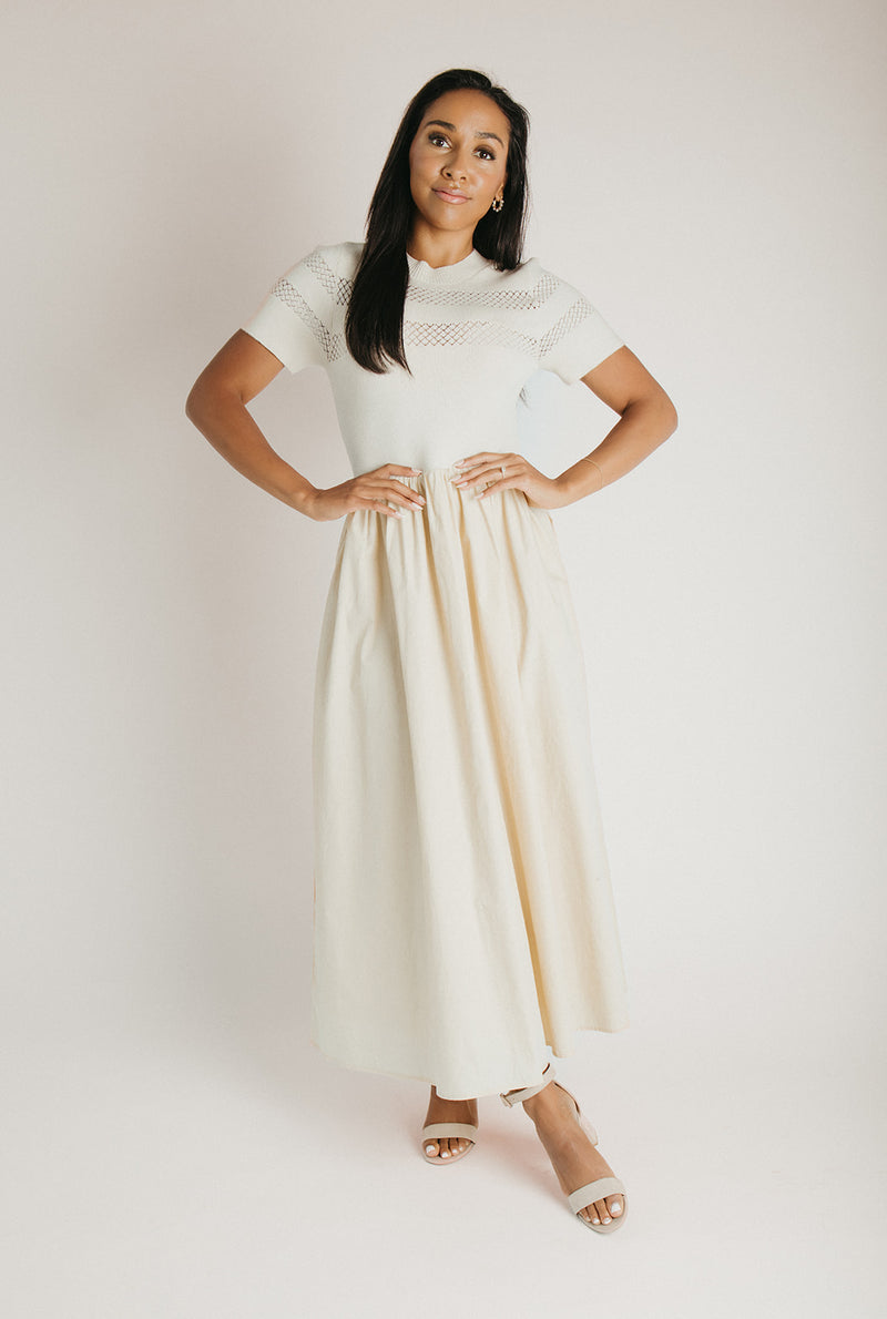 The Bramwell Knit Bodice Midi Dress in Cream