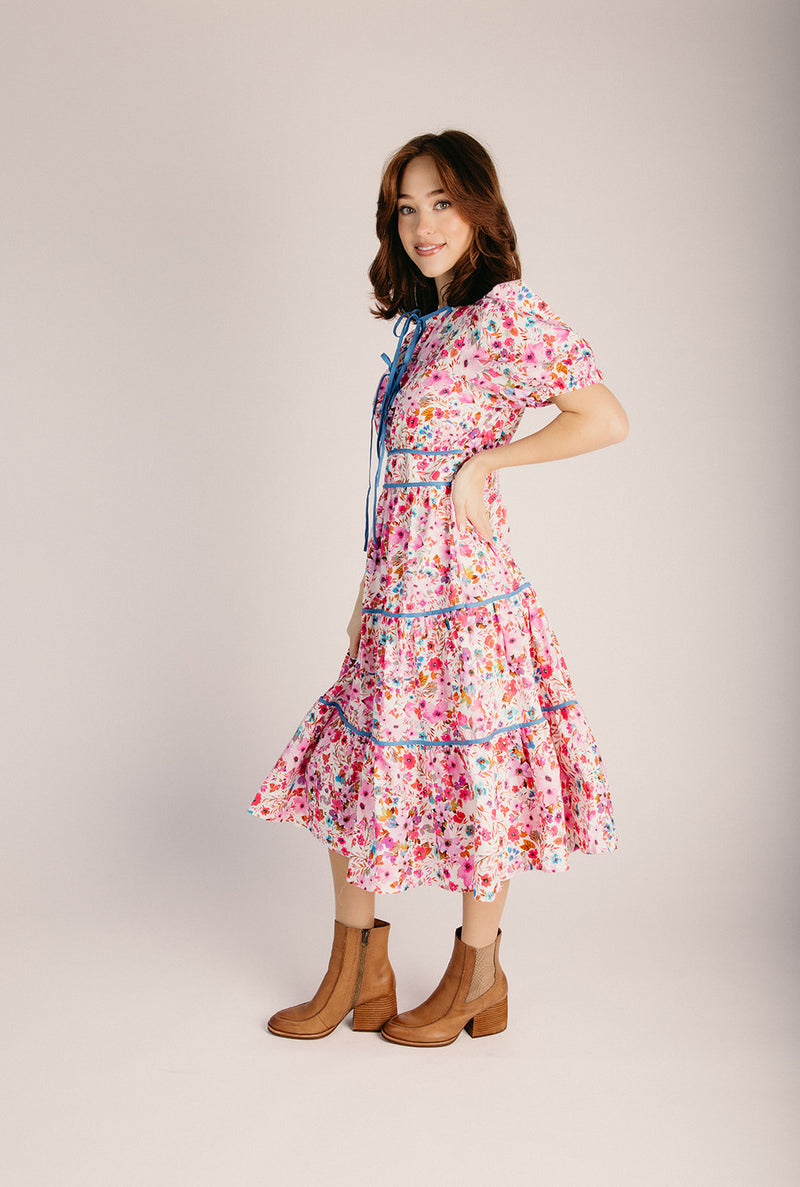 pink floral tiered midi dress The Pansy Floral Tiered Midi Dress in Pink
