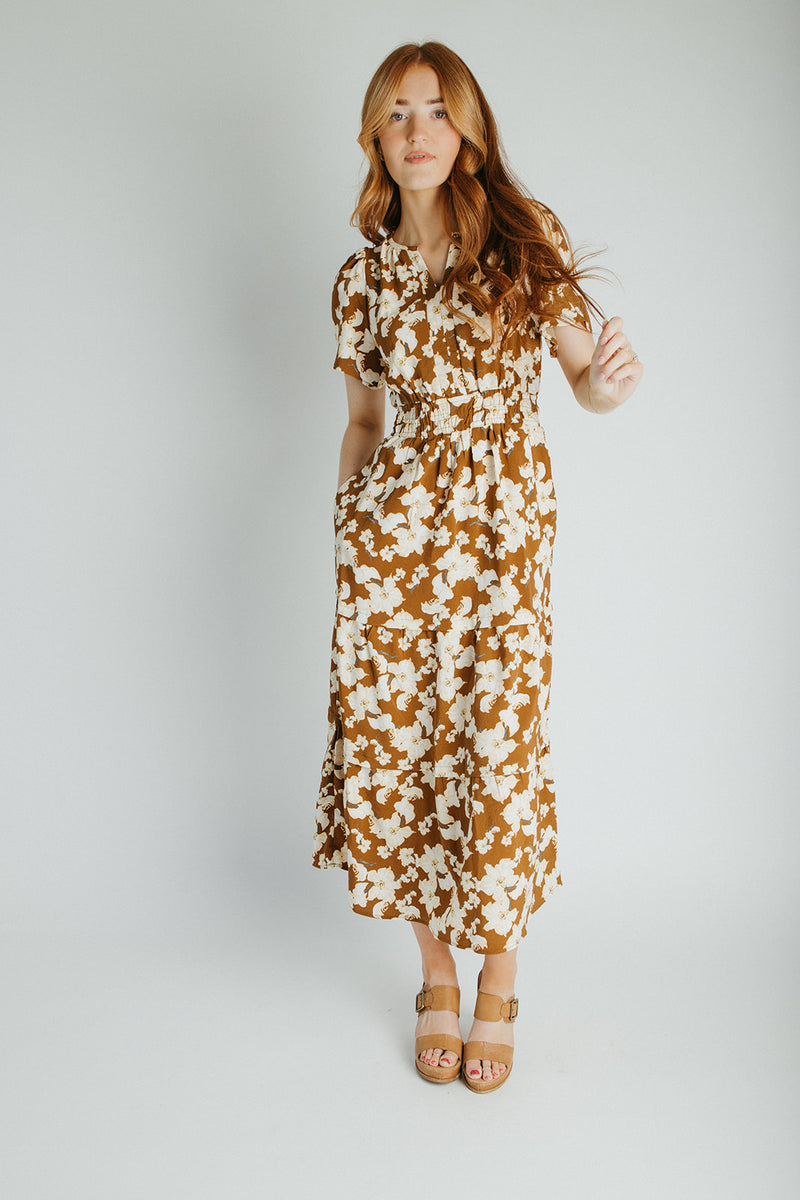 The Nicolette Floral Tiered Midi Dress in Brown Multi