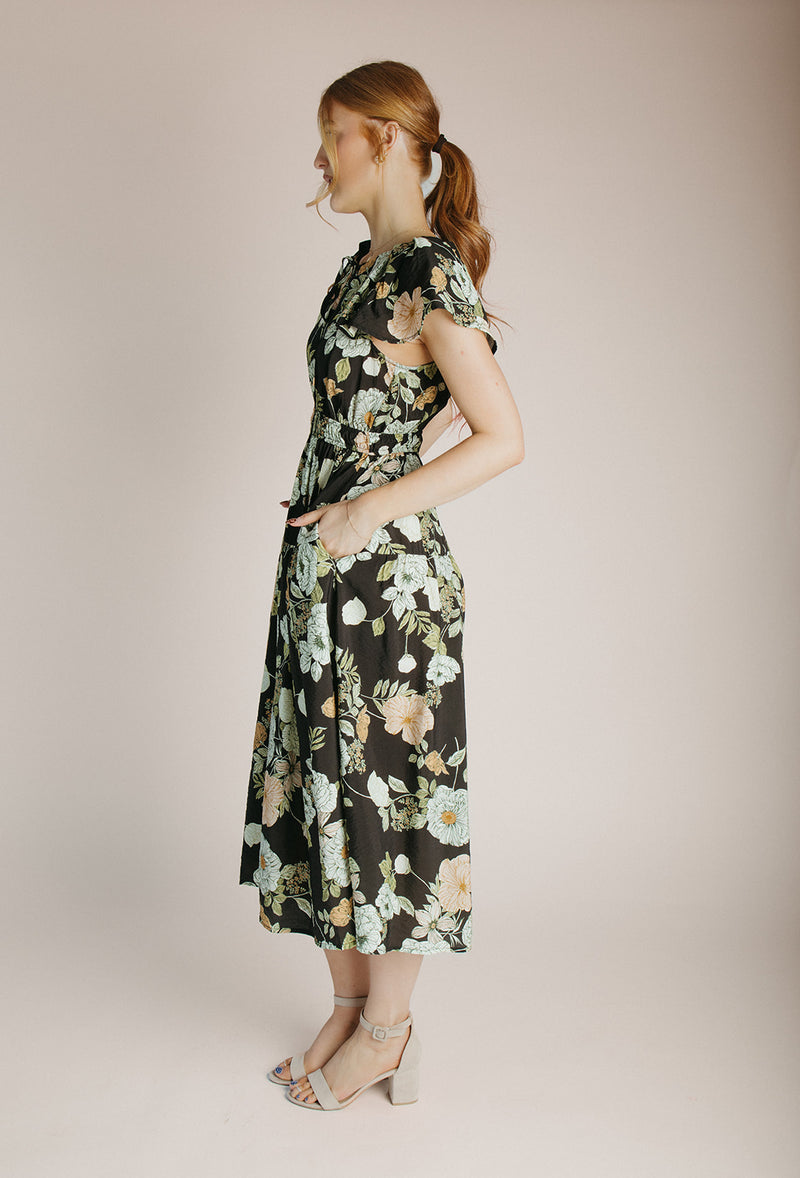 The Sinclair Floral Midi Dress in Black Multi