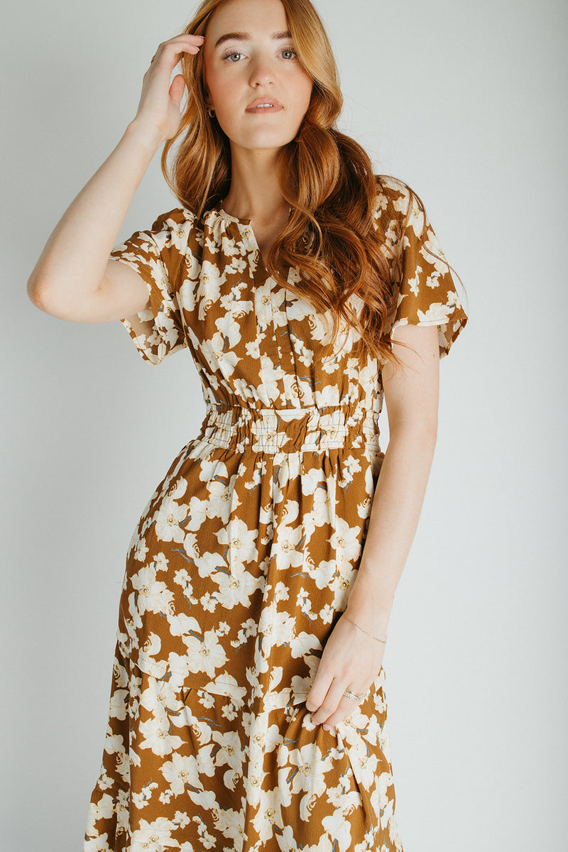 The Nicolette Floral Tiered Midi Dress in Brown Multi