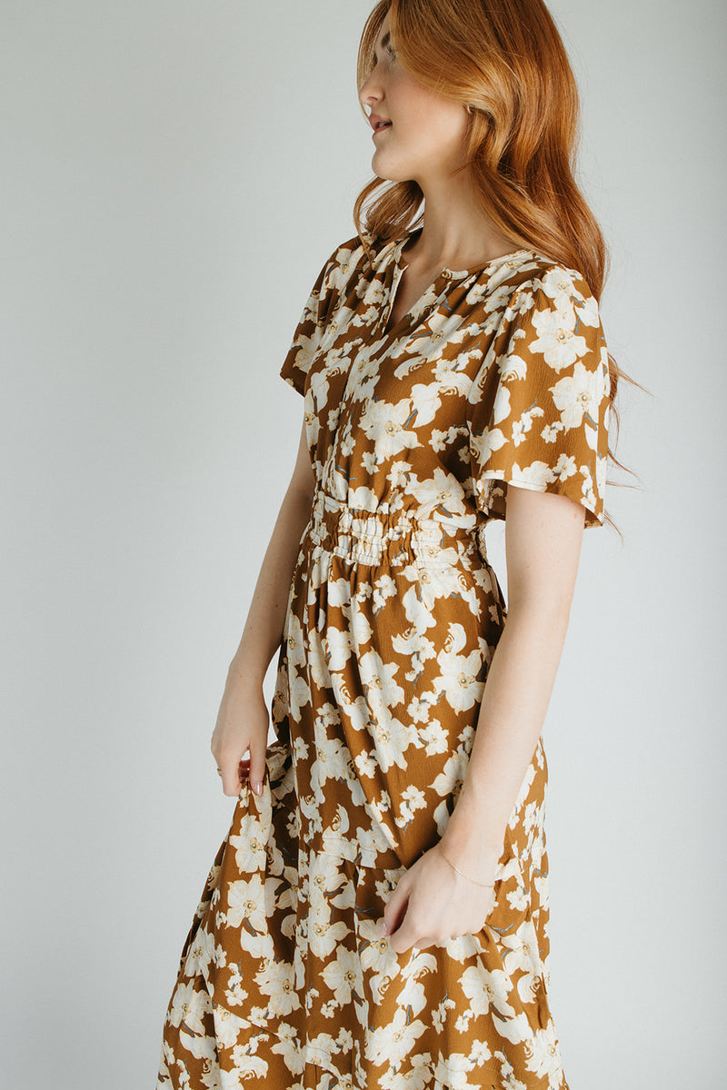 The Nicolette Floral Tiered Midi Dress in Brown Multi