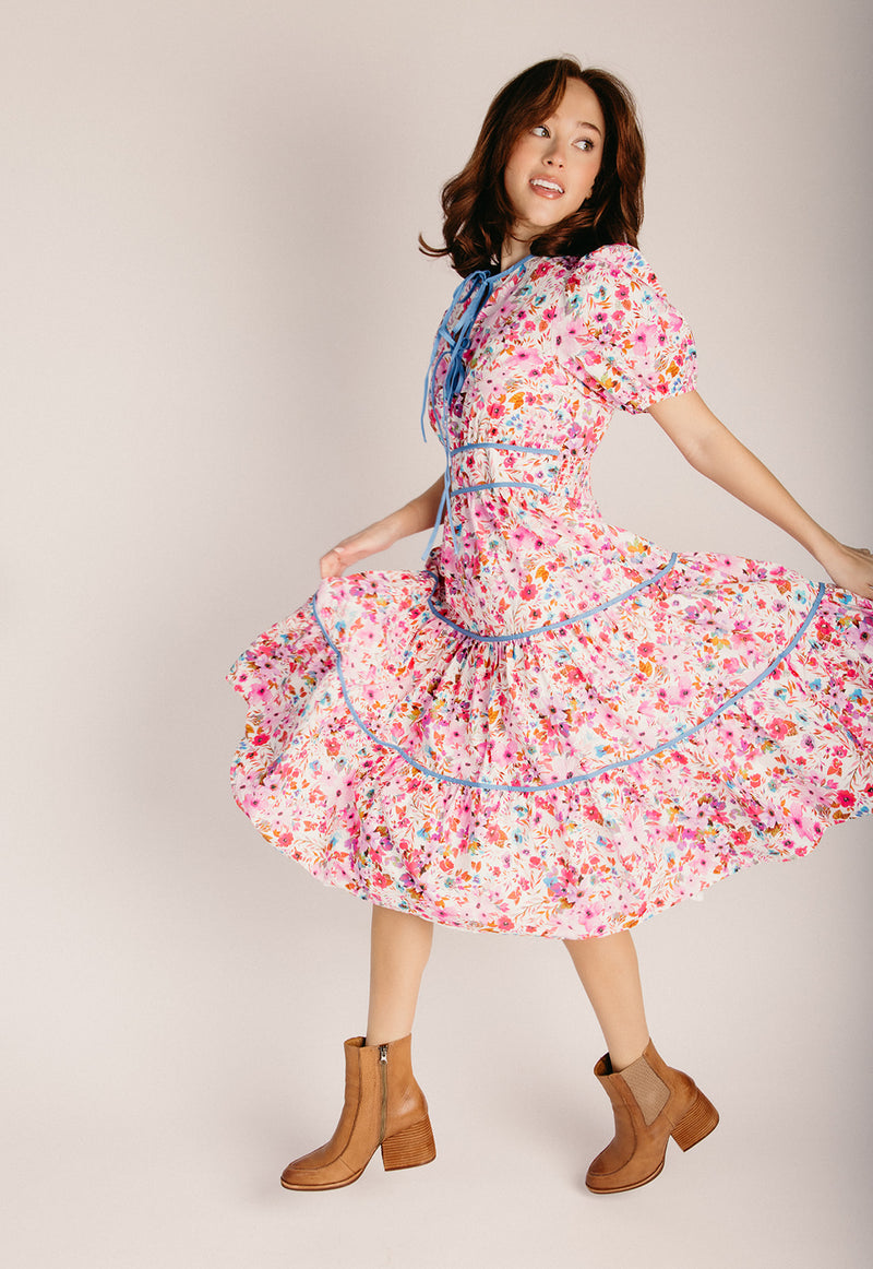 pink floral tiered midi dress PinkBlush Maternity Floral Sleeveless Ruffle Tiered Midi Dress