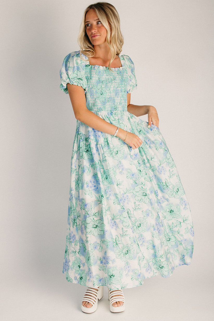 watercolor midi dress The Vossberg Floral in Mint Mix Small Color:OAT-COTLACE earth tone dramatic puff sleeves Lacie LA24242 By L'amour