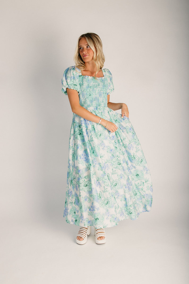 knee length dresses for ladies The Vossberg Floral Watercolor Midi Dress in Mint Mix – Piper & Scoot