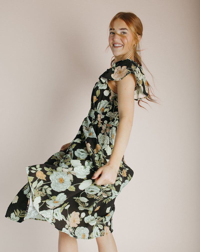 The Sinclair Floral Midi Dress in Black Multi