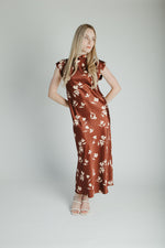 The Kendi Satin Mock Neck Maxi Dress in Brick