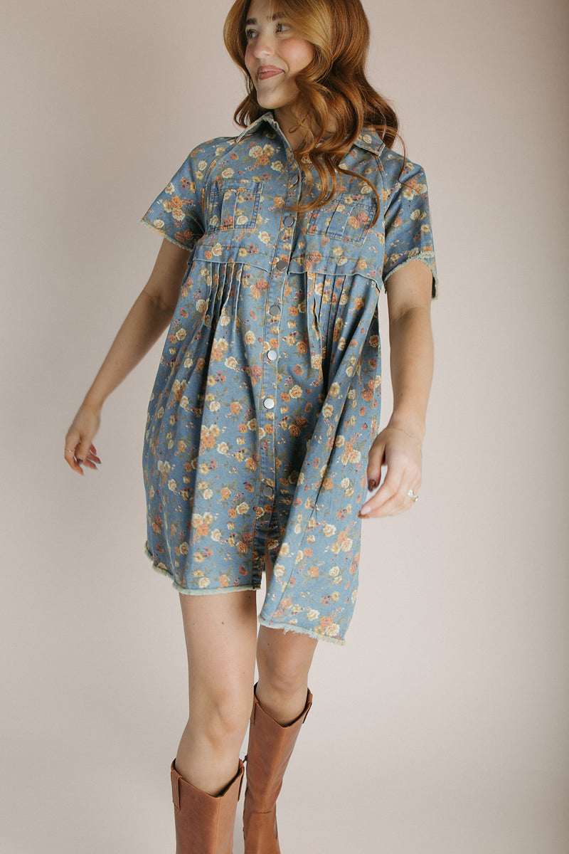 The Maribeth Floral Button-Up Dress in Denim