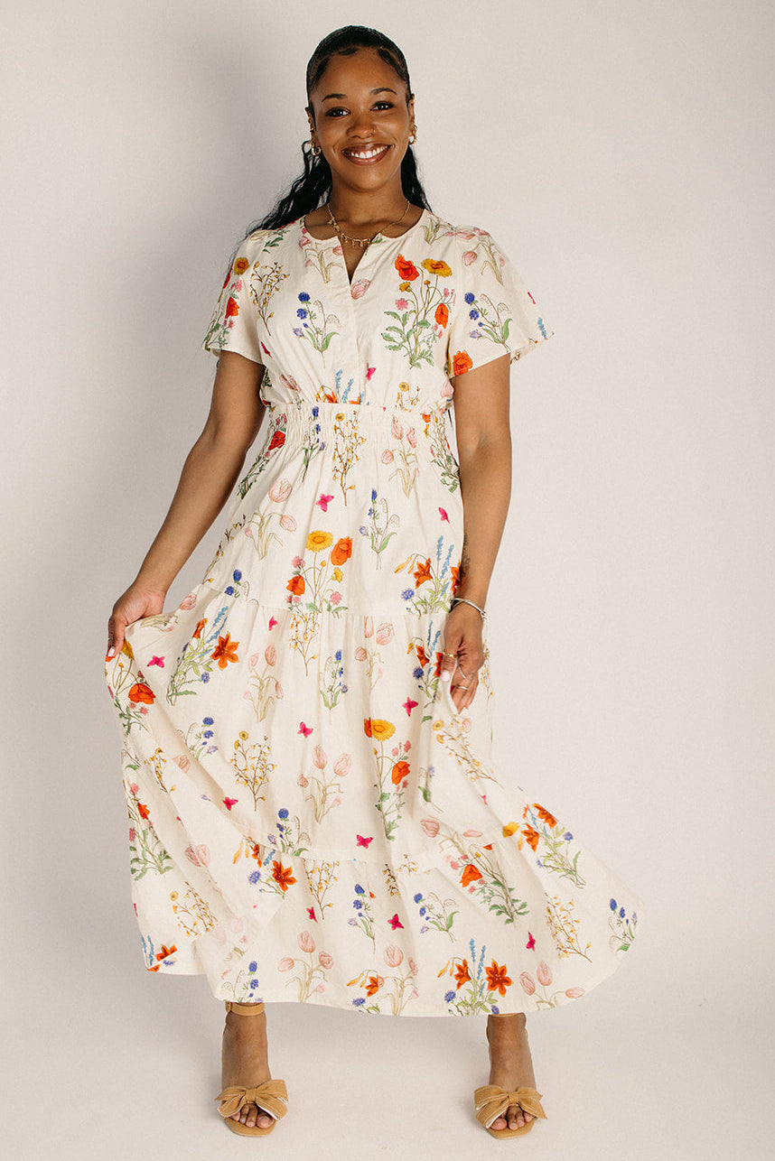 floral maxi dress sleeve The Livvy Floral Maxi Dress in Ivory Combo Large