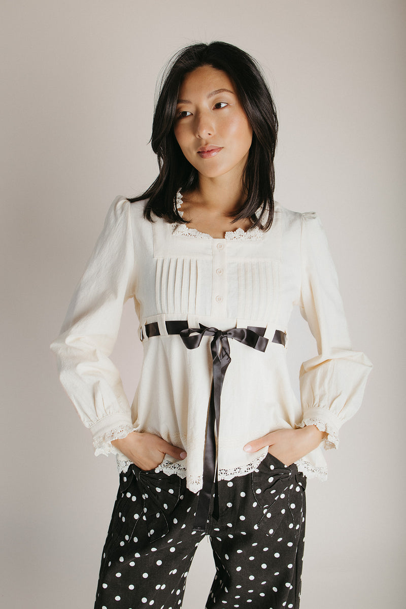 The Clancey Tie Blouse in Ivory + Black