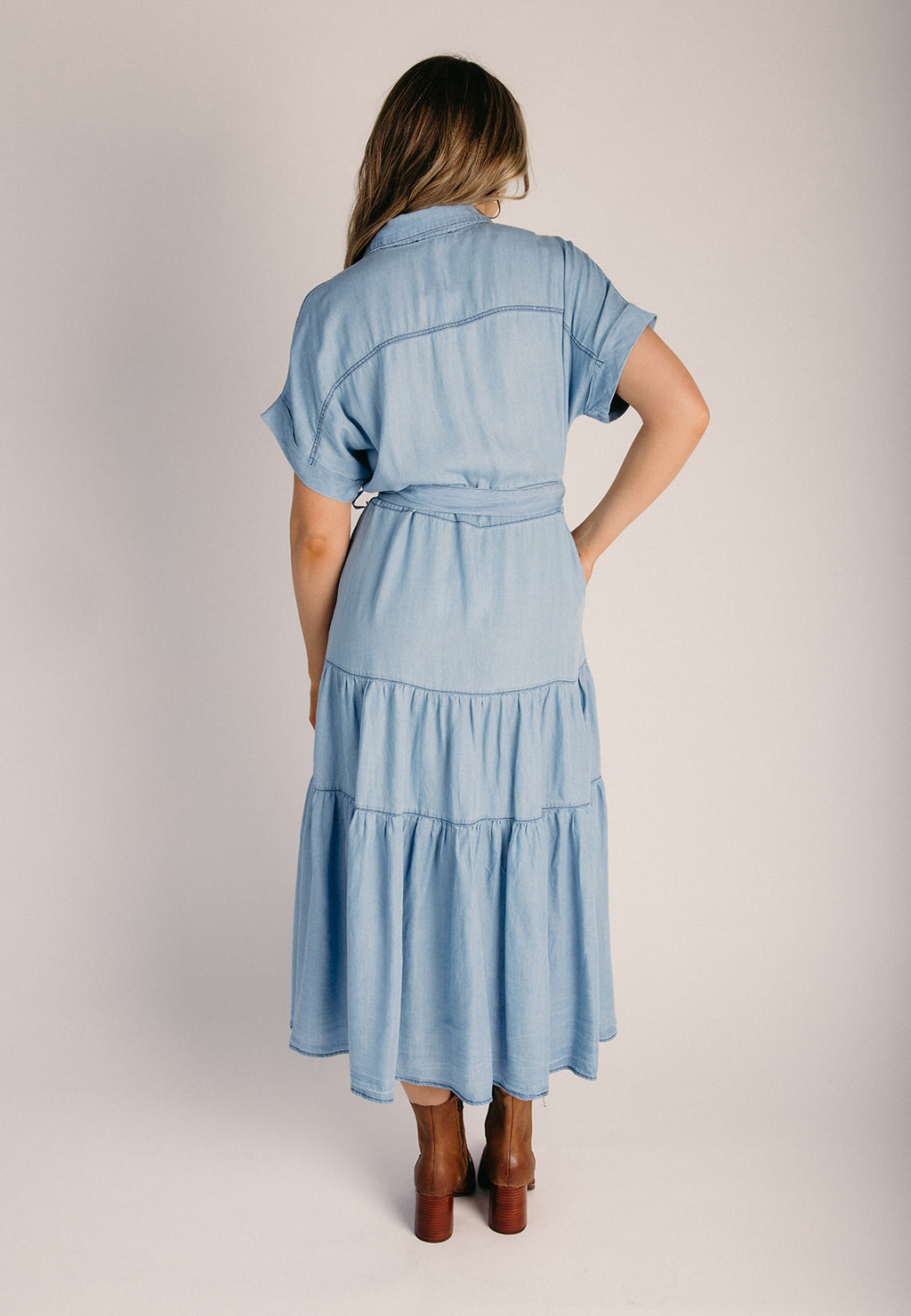 ruth chris dress code The Baird Chambray Tiered Dress in Light Denim Medium