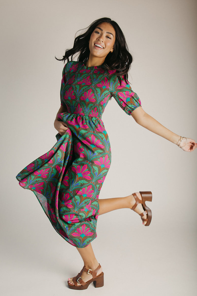 The Kristin Floral Smocked Maxi Dress in Kelly Green + Pink