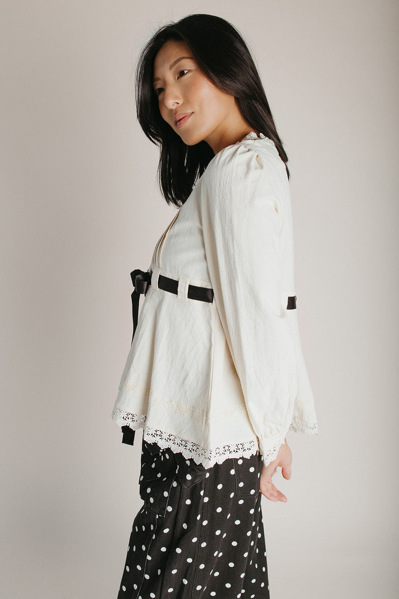 The Clancey Tie Blouse in Ivory + Black