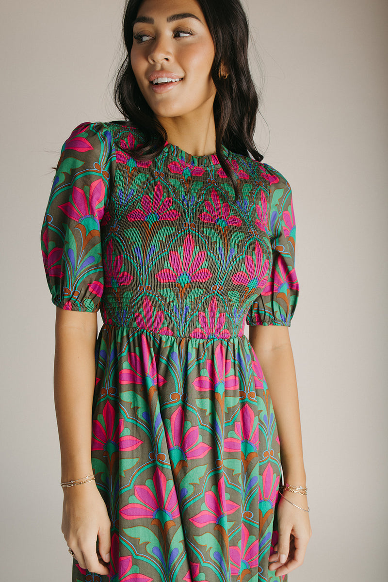 The Kristin Floral Smocked Maxi Dress in Kelly Green + Pink