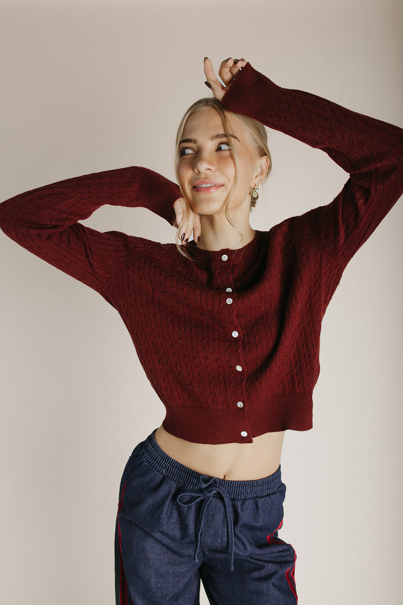 The Tomberlin Cable Knit Cardigan in Maroon
