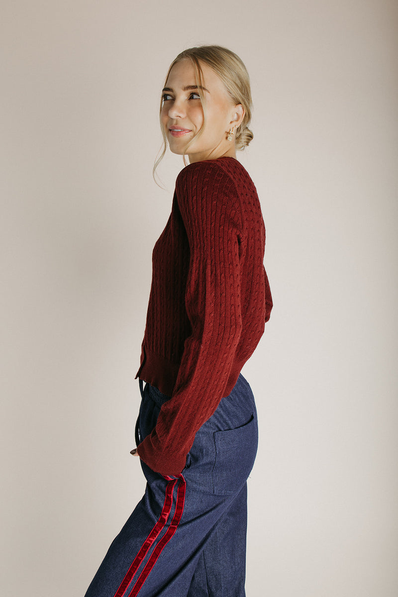 The Tomberlin Cable Knit Cardigan in Maroon