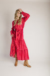 The Clarisa Striped Button-Up Maxi Dress in Fuchsia + Orange