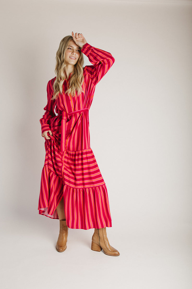 The Clarisa Striped Button-Up Maxi Dress in Fuchsia + Orange