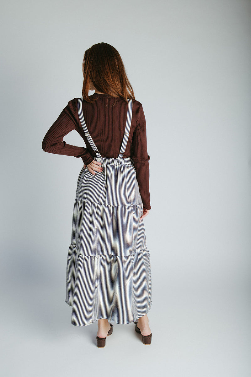 The Marilyn Overall Ruffled Maxi Dress in Navy