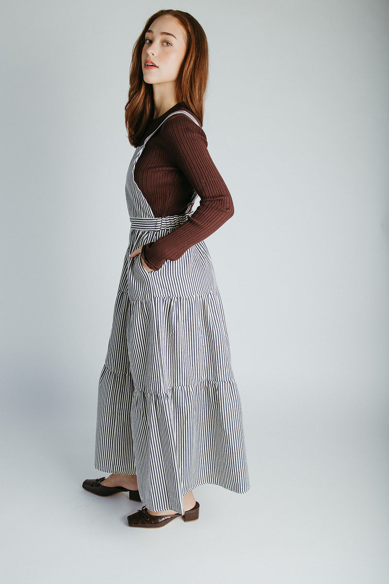 The Marilyn Overall Ruffled Maxi Dress in Navy