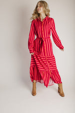 The Clarisa Striped Button-Up Maxi Dress in Fuchsia + Orange