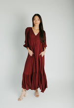 The Garvara Swiss Dot Button-Up Maxi Dress in Merlot