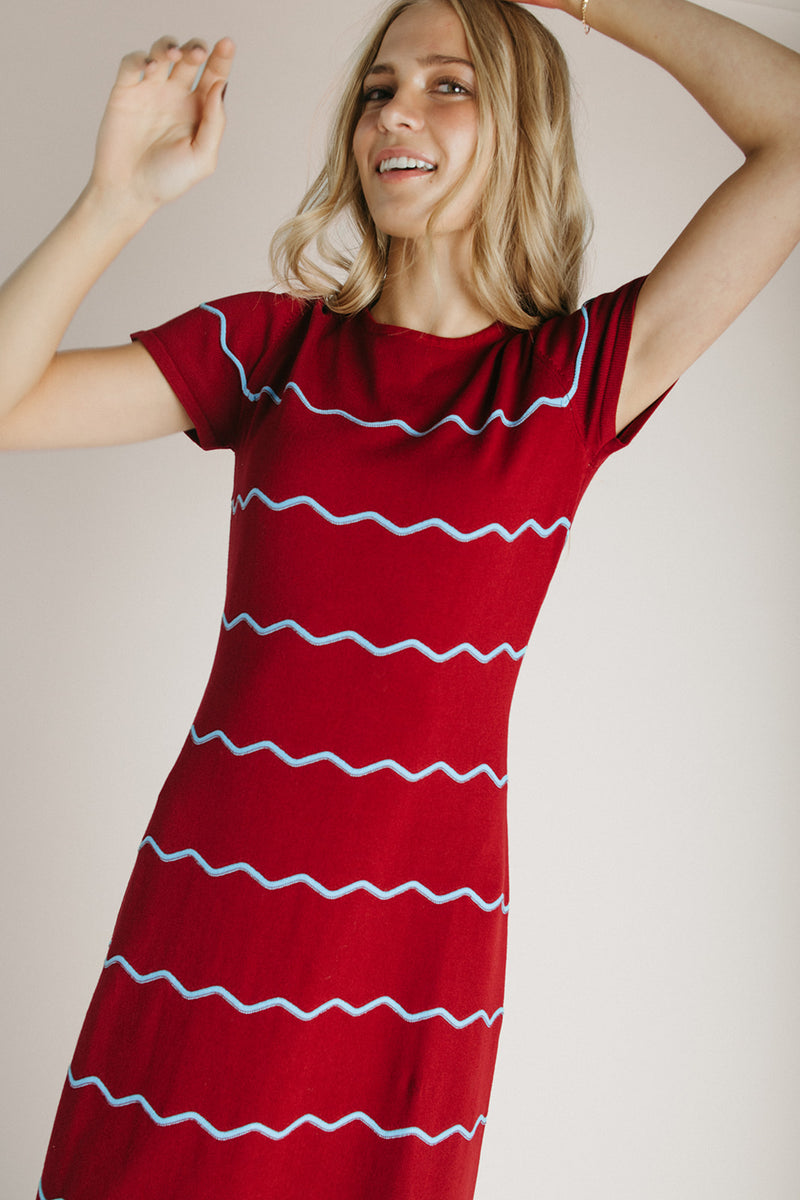 The Lorenz Striped Midi Sweater Dress in Burgundy