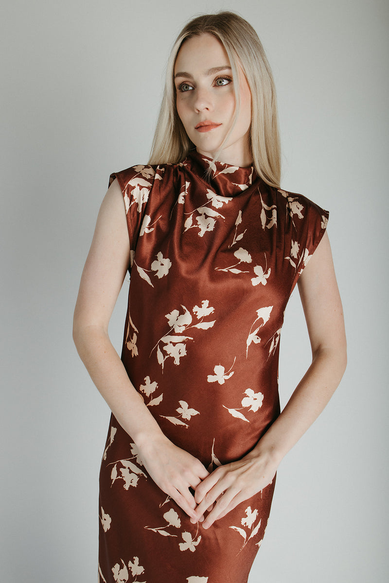 The Kendi Satin Mock Neck Maxi Dress in Brick