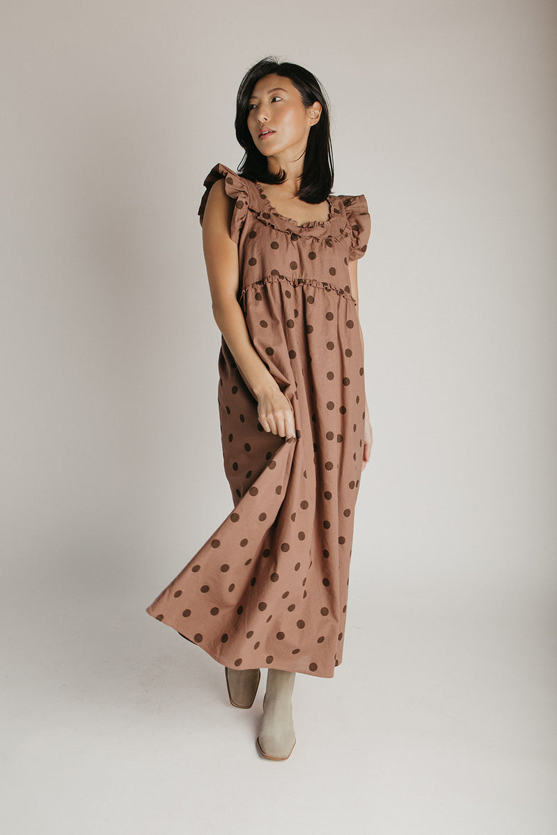 The Kimmy Ruffle Detail Midi Dress in Chocolate Dot
