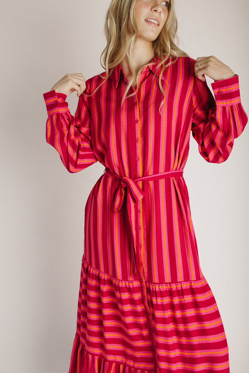 The Clarisa Striped Button-Up Maxi Dress in Fuchsia + Orange