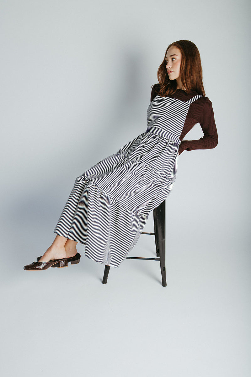 The Marilyn Overall Ruffled Maxi Dress in Navy