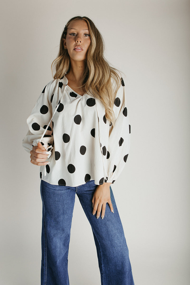 The Misha Polka Dot Blouse in Oatmeal + Black