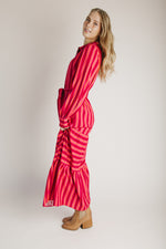 The Clarisa Striped Button-Up Maxi Dress in Fuchsia + Orange