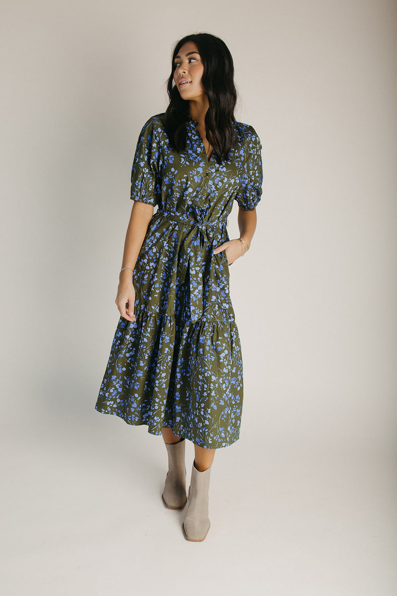 The Solvay Tiered Midi Dress in Green + Blue Multi