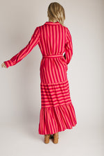 The Clarisa Striped Button-Up Maxi Dress in Fuchsia + Orange