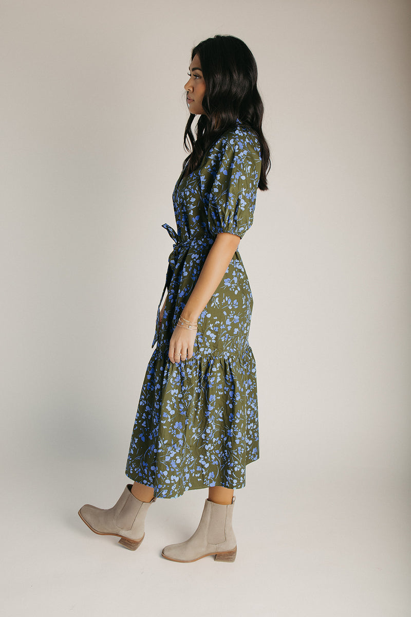 The Solvay Tiered Midi Dress in Green + Blue Multi