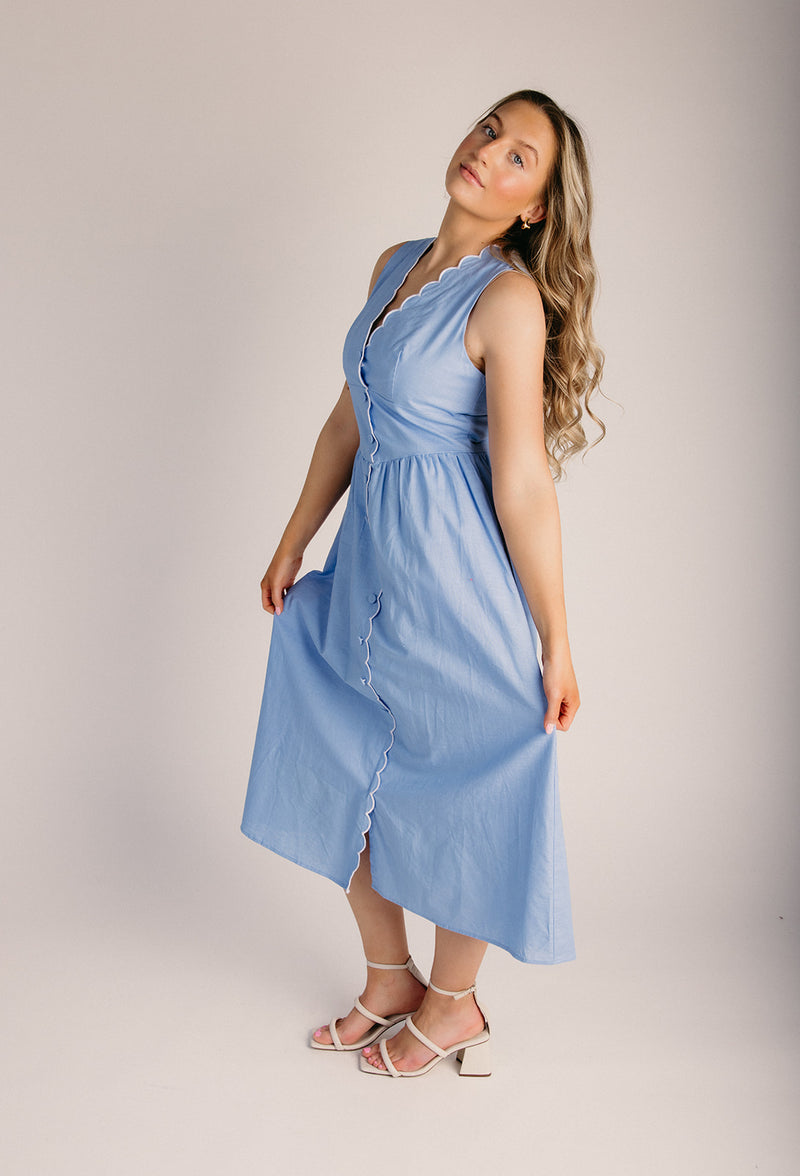 piper asymmetrical midi dress The Schuster Scalloped Edge Midi Dress in Blue Small