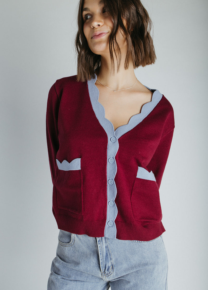 The Lucero Scallop Detail Cardigan in Burgundy