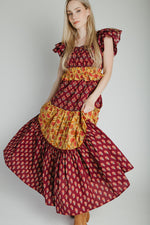 The Widmer Mixed Print Maxi Dress in Burgundy + Gold