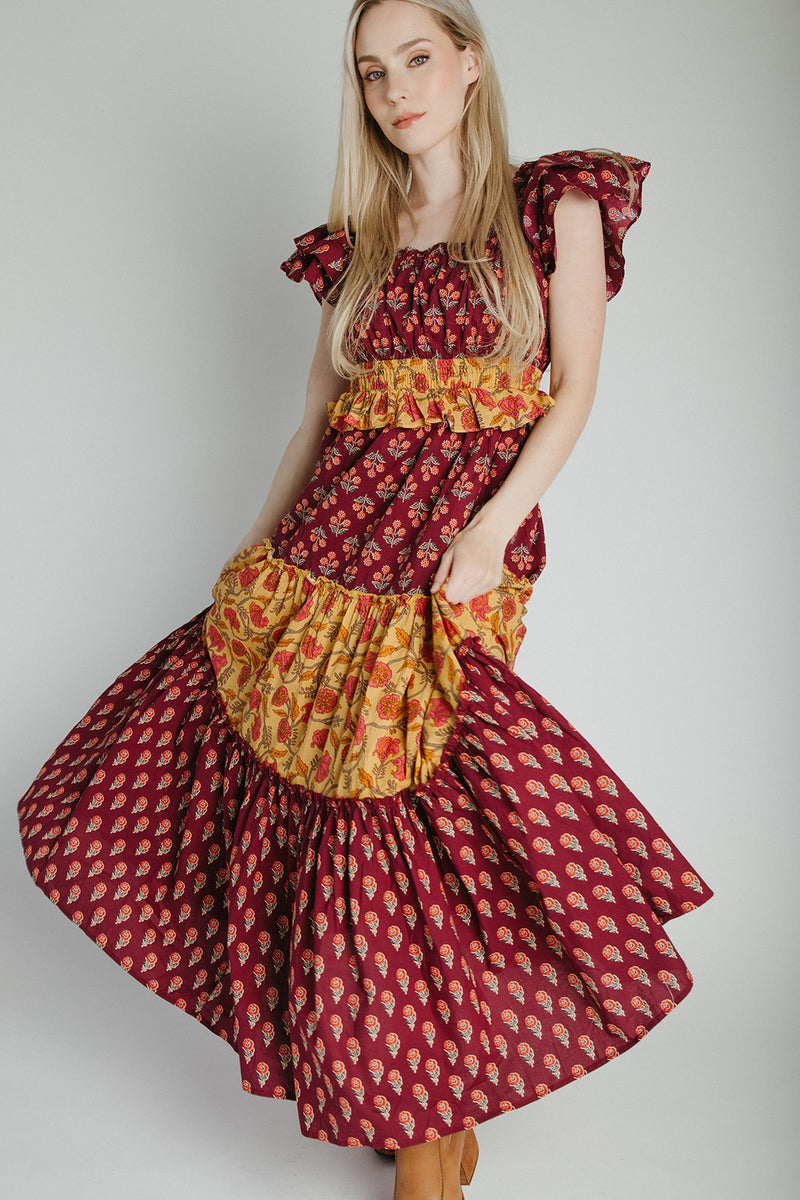 The Widmer Mixed Print Maxi Dress in Burgundy + Gold
