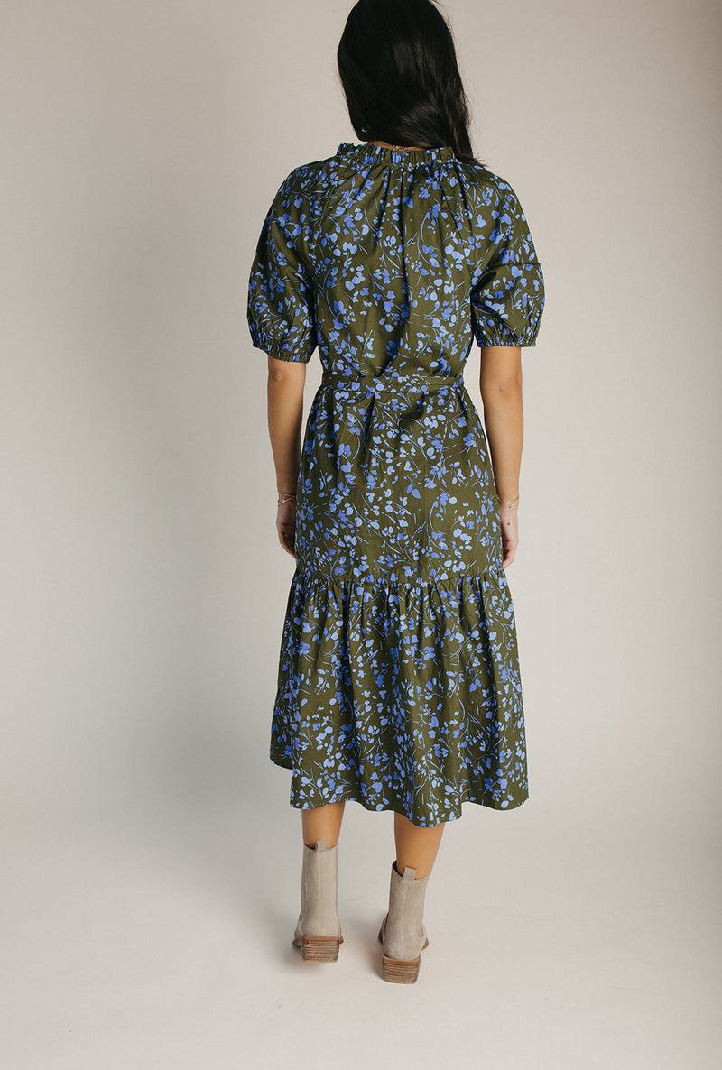 The Solvay Tiered Midi Dress in Green + Blue Multi