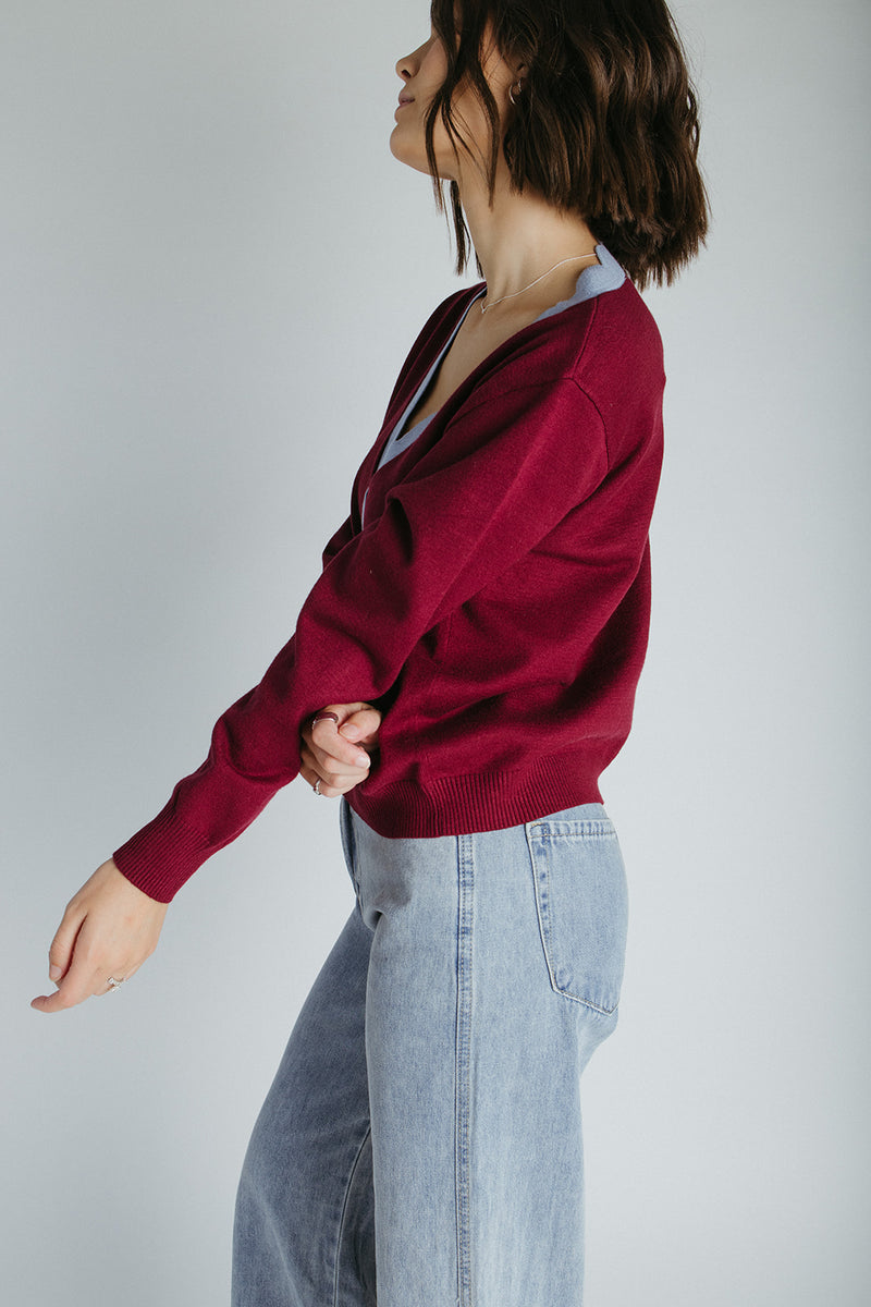 The Lucero Scallop Detail Cardigan in Burgundy